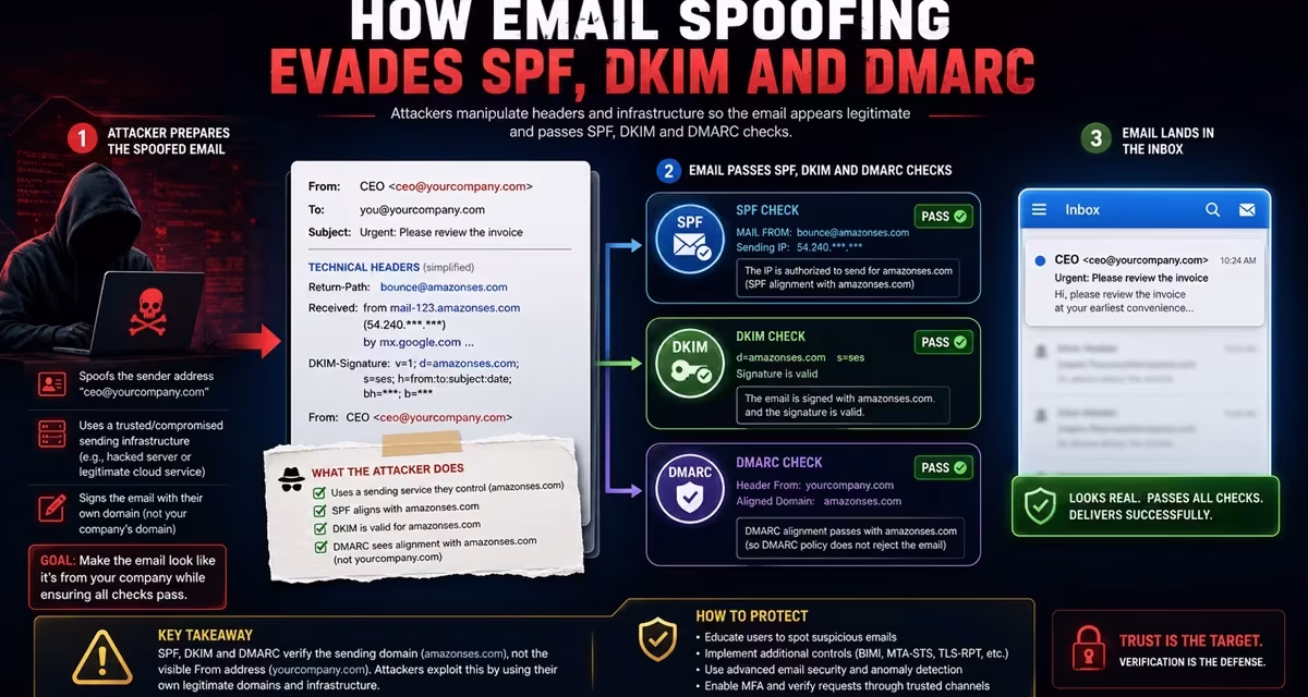 How Email Spoofing Evades SPF, DKIM and DMARC